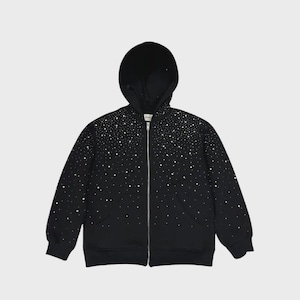 May include: Black zip-up hoodie with a constellation-like pattern of white dots. The hoodie features a full-length zipper, a hood, and two front pockets. The design is a unique take on a classic outerwear piece.