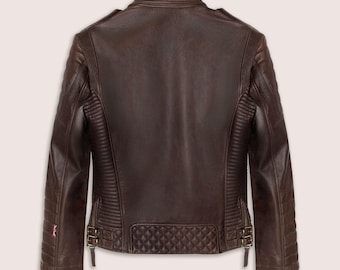 Men's Vintage Brown Lambskin Leather Biker Jacket, Quilted Paneling, Antique Brass Hardware By CustomKindApparel