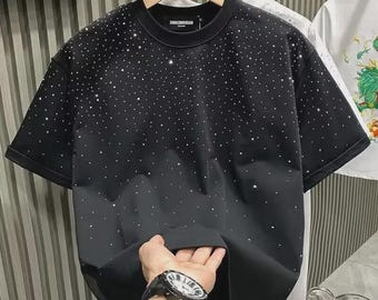 Camiseta unissex preta com strass em formato de diamante – Camiseta streetwear brilhante
