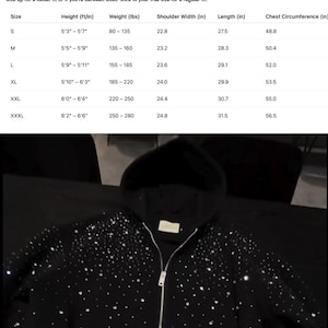 May include: Black hooded sweatshirt with a silver zipper and a pattern of sparkling embellishments. The image includes a size chart with measurements in inches and pounds for various sizes, from S to XXXL.