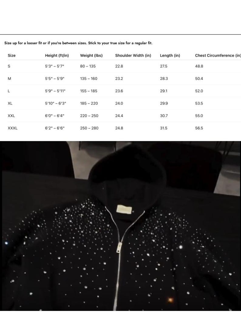 May include: Black hooded sweatshirt with a silver zipper and a pattern of sparkling embellishments. The image includes a size chart with measurements in inches and pounds for various sizes, from S to XXXL.