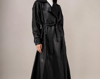 Luxury Black Leather Trench Coat | Women's Belted Maxi  Style | Custom Genuine Leather Jacket
