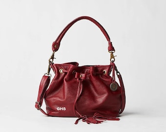 Personalized Full Grain Leather Drawstring Shoulder and Crossbody Clutch Bag