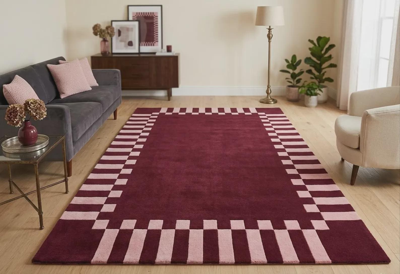 Hand Tufted Wool Rug, Burgundy Blush Checkered Border, Modern Geometric ...