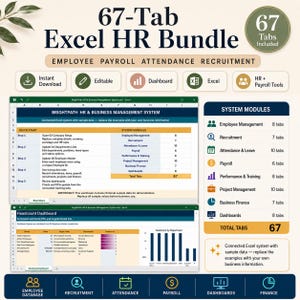 May include: A 67-tab Excel HR bundle for employee payroll, attendance, and recruitment management. The digital interface displays a BrightPath HR & Business Management System with system modules, a headcount dashboard, and various data charts.