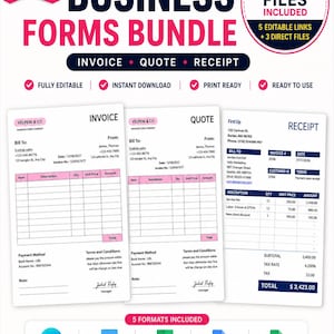 May include: A professional business forms bundle featuring an invoice, quote, and receipt template. The digital document set includes 8 files, 5 editable links, and 3 direct files compatible with Canva, Microsoft Word, Excel, Google Docs, and Sheets.