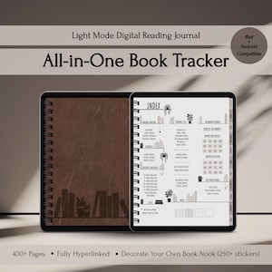 May include: A digital reading journal with the text "All-in-One Book Tracker." The journal is displayed on a tablet and a brown leather-bound notebook. The tablet shows an index with reading trackers and lists. The notebook has a bookshelf design.
