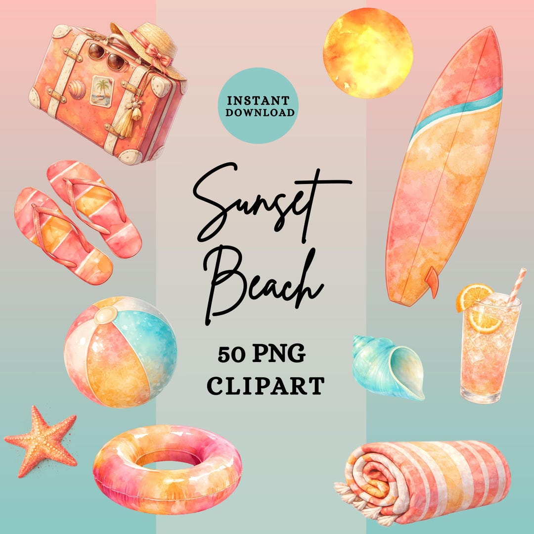 Sunset Beach Clipart PNG Bundle, Summer Vacation Clipart, Tropical ...