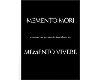 Póster Memento Mori Memento Vivere, arte mural estoico, lámina minimalista de filosofía negra, decoración con cita "Recuerda que morirás, vive plenamente".