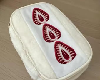 Strawberry Embroidered Pencil Case Large Capacity Pen Pouch Makeup Storage Bag