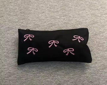 Black Bow Pencil Case Large Capacity Cosmetic Pouch Stationery Organizer Zipper Bag