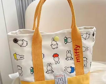 Rabbit canvas tote bag embroidered cartoon bento lunch storage handbag zipper portable gift