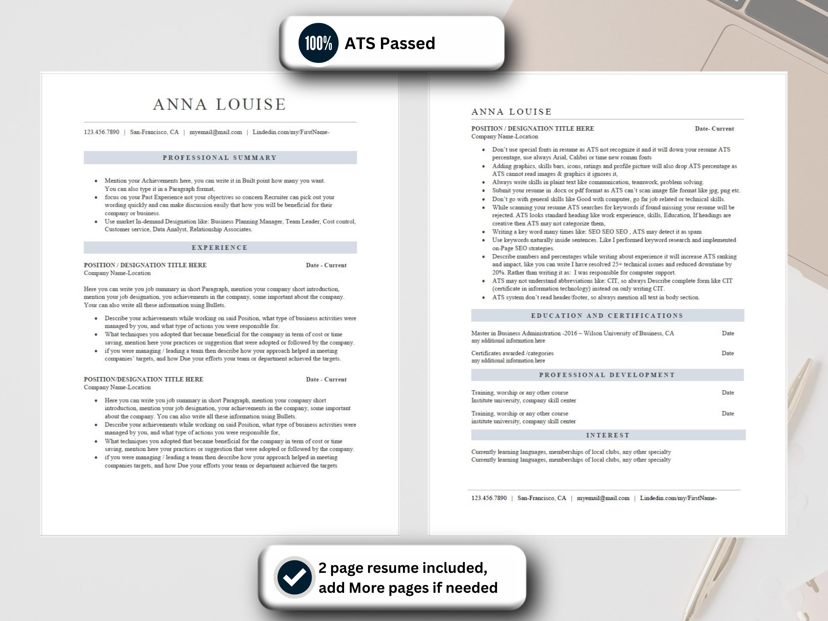 ATS Friendly Resume Template Word Google Docs Pages | Cover Letter ...