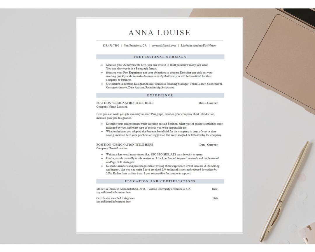 ATS Friendly Resume Template Word Google Docs Pages | Cover Letter ...