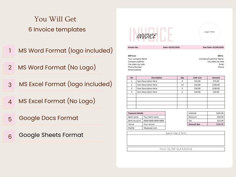 Invoice Format Header Editable Invoice Template for Small Business, MS Word, Google Docs ...