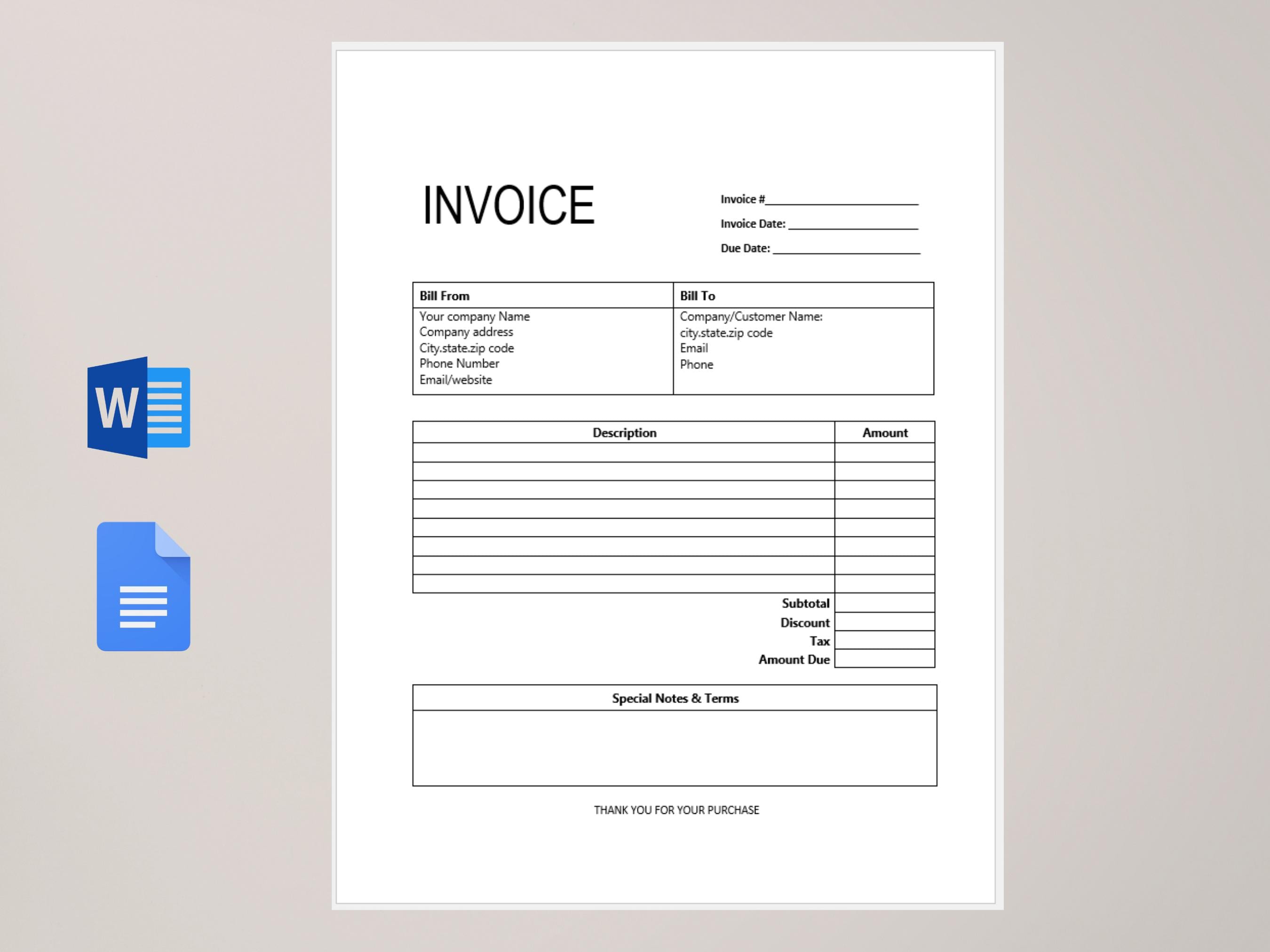 Editable Invoice Template | Professional Small Business Form (word ...
