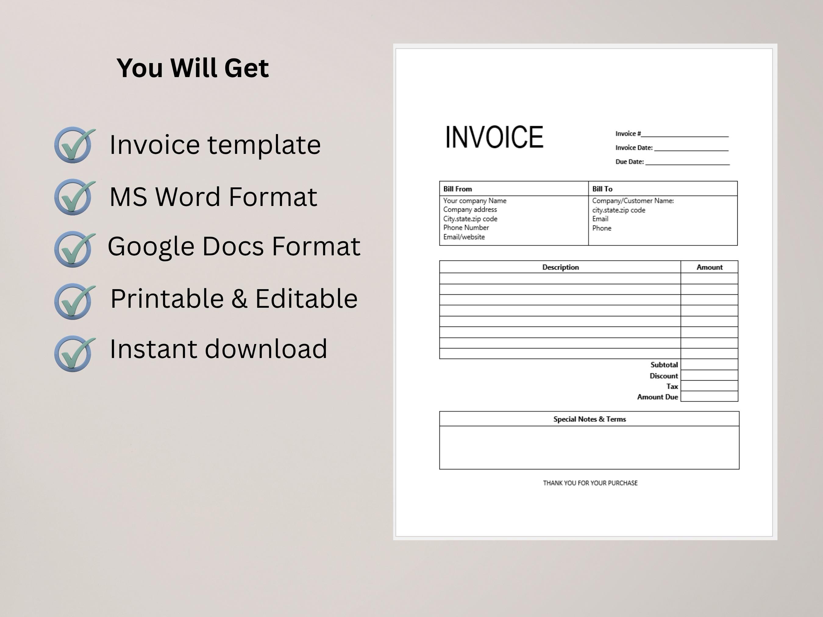 Editable Invoice Template | Professional Small Business Form (word ...