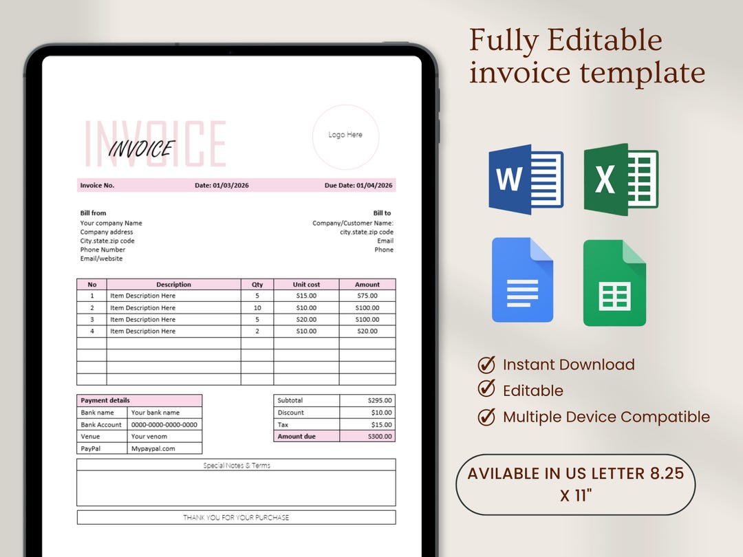Editable Invoice Template for Small Business, MS Word, Google Docs ...