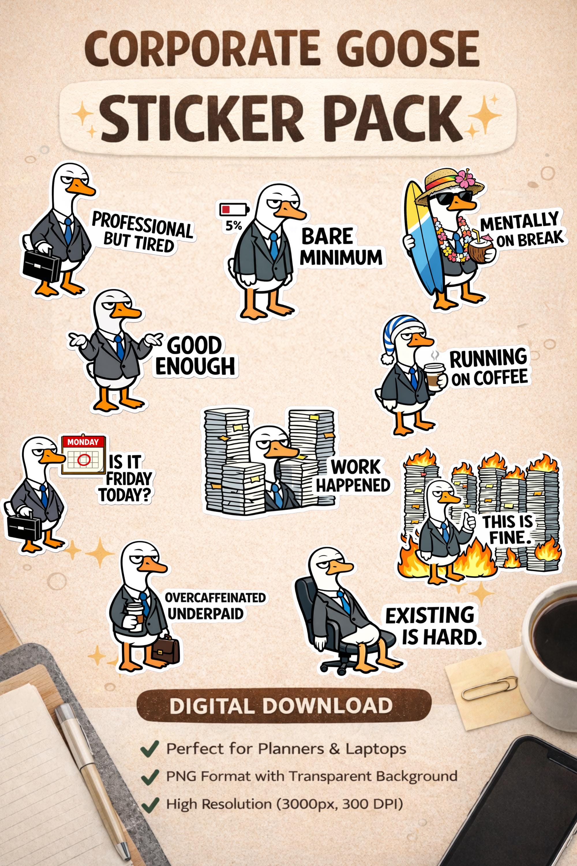 Funny Goose Office Sticker Pack | Work Humor PNG (digital Download) - Etsy
