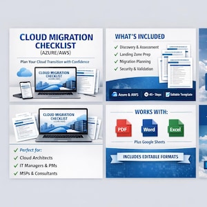 Peut inclure: Publicité pour une liste de contrôle de migration cloud. L'image présente un ordinateur portable, un téléphone et des documents avec le texte "Cloud Migration Checklist (Azure/AWS)". Elle détaille les éléments inclus et les formats disponibles.