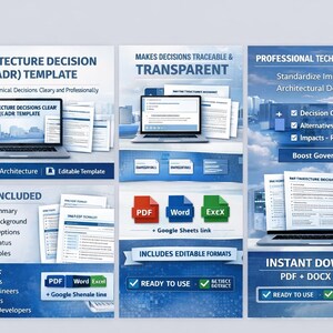 Może przedstawiać: Cyfrowy szablon Decyzji Architektonicznej (ADR) w niebiesko-białym designie. Szablon zawiera edytowalne formaty dla PDF, Word i Excel. Został zaprojektowany do jasnego i profesjonalnego dokumentowania decyzji technicznych z natychmiastowym pobieraniem.