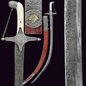Könnte beinhalten: Ein verzierter Säbel mit gebogener Klinge, weißem Griff und aufwendigen Silberdetails. Die Scheide ist rot mit silbernen Akzenten. Eine Nahaufnahme zeigt detaillierte Gravuren und ein goldenes Emblem.