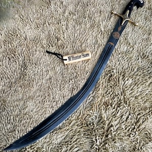 Espada antigua Khaliji Pala de acero de alto carbono: empuñadura de palisandro, grabado en latón, vaina de cuero.