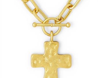 Gold Cross Necklace for Women, 18K Gold Plated Toggle Chain, Chunky Cross Pendant, Baptism Confirmation Gift, Tarnish Free Faith Jewelry