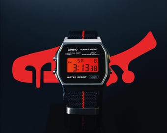 Custom Casio A158WEA-1EF Watch Black Red Stripe Screen Mod – NATO Strap Vintage Digital Watch F91W G shock Mod AE1200 AQ230 A168W