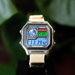 Custom Casio AE-1200WHD-1AVEF Watch Panavision Egg Yolk Filter – Beige NATO Strap Digital Watch Personalized F91W Gshock Mod AE1200 AQ230