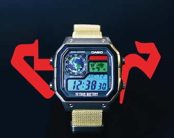 Custom Casio AE-1200WHD-1AVEF Watch Panavision Egg Yolk Filter – Beige NATO Strap Digital Watch Personalized F91W Gshock Mod AE1200 AQ230