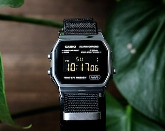 Individuell gestaltete Casio A158WEA-1EF Uhr mit schwarzem Bildschirm – NATO-Armband, Vintage-Digitaluhr, personalisiertes Geschenk, F91W G-Shock Mod AE1200 AQ230 A168W
