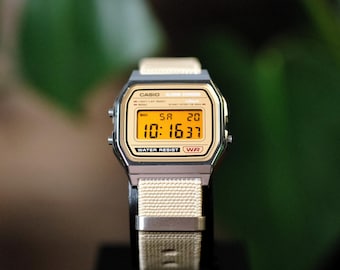 Custom Casio A158WEA-9EF Watch Panavision Egg Yolk Filter – Beige NATO Strap Digital Watch Personalized F91W G shock Mod AE1200 AQ230 A168W