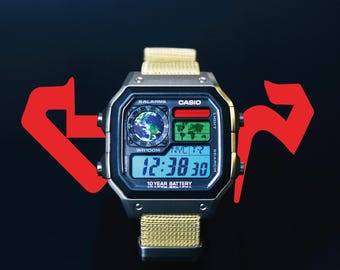 Custom Casio AE-1200WHD-1AVEF Watch Panavision Egg Yolk Filter – Beige NATO Strap Digital Watch Personalized F91W Gshock Mod AE1200 AQ230