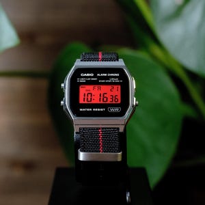Custom Casio A158WEA-1EF Watch Black Red Stripe Screen Mod – NATO Strap Vintage Digital Watch F91W G shock Mod AE1200 AQ230 A168W