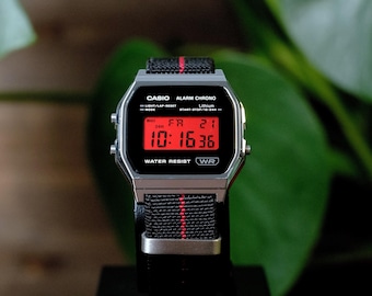 Custom Casio A158WEA-1EF Watch Black Red Stripe Screen Mod – NATO Strap Vintage Digital Watch F91W G shock Mod AE1200 AQ230 A168W