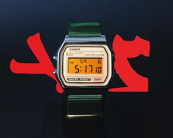 Custom Casio A158WEA-9EF Watch Panavision Egg Yolk Filter – Green NATO Strap Digital Watch Personalized F91W G shock Mod AE1200 AQ230 A168W