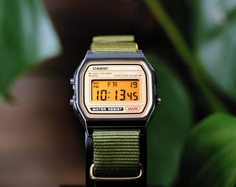 Custom Casio A158WEA-9EF Watch Panavision Egg Yolk Filter – Green NATO Strap Digital Watch Personalized F91W G shock Mod AE1200 AQ230 A168W
