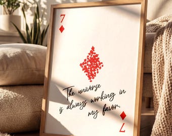 7 of Diamonds Print, Lucky Card Wall Art, Positive Affirmation Poster, Red Printable Art