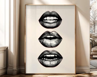 Monochrome Lips Print, Black White Pop Art Wall Art (Digital Download)