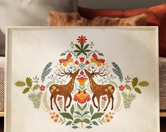 Vintage Deer Botanical Forest Art Print, Woodland Cottagecore Wall Decor (Digital Download)