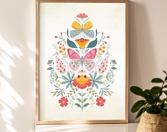 Butterfly Floral Folk Art Print, Vintage Botanical Cottagecore Poster (Digital Download)