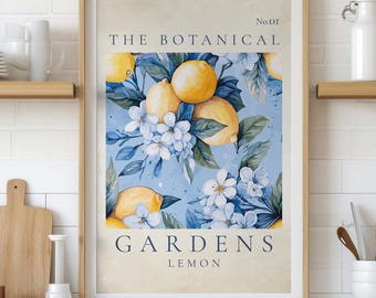 Botanical Gardens Lemon Print, Vintage Citrus Wall Art, Blue Floral Poster (Digital Download)