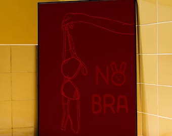 Minimalist Red Line Art Print, "No Bra" Statement Decor (Digital Download)