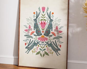 Vintage Floral Rabbit Art Print, Cottagecore Woodland Folk Poster (Digital Download)