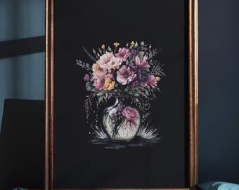 Dark Floral Vase Print, Moody Botanical Wall Art, Vintage Gothic Flower Poster (Digital Download)