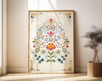 Vintage Folk Art Floral Print, Botanical Cottagecore Wall Decor (Digital Download)