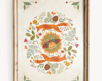 Vintage Fox Woodland Art Print, Floral Botanical Folk Poster, Cottagecore Decor