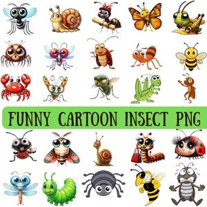 May include: A collection of colorful, cartoon insects, including a mosquito, snail, ant, butterfly, grasshopper, spider, bee, and more. The image includes the text "FUNNY CARTOON INSECT PNG" in a green rectangle.