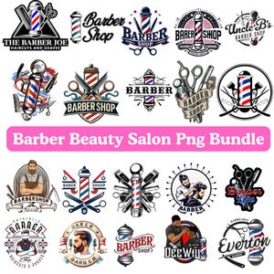 May include: A collection of barber shop logos and designs. The logos feature barber poles, scissors, and text such as "Barber Shop" and "Haircuts and Shaves." The image includes a pink banner that reads "Barber Beauty Salon Png Bundle."